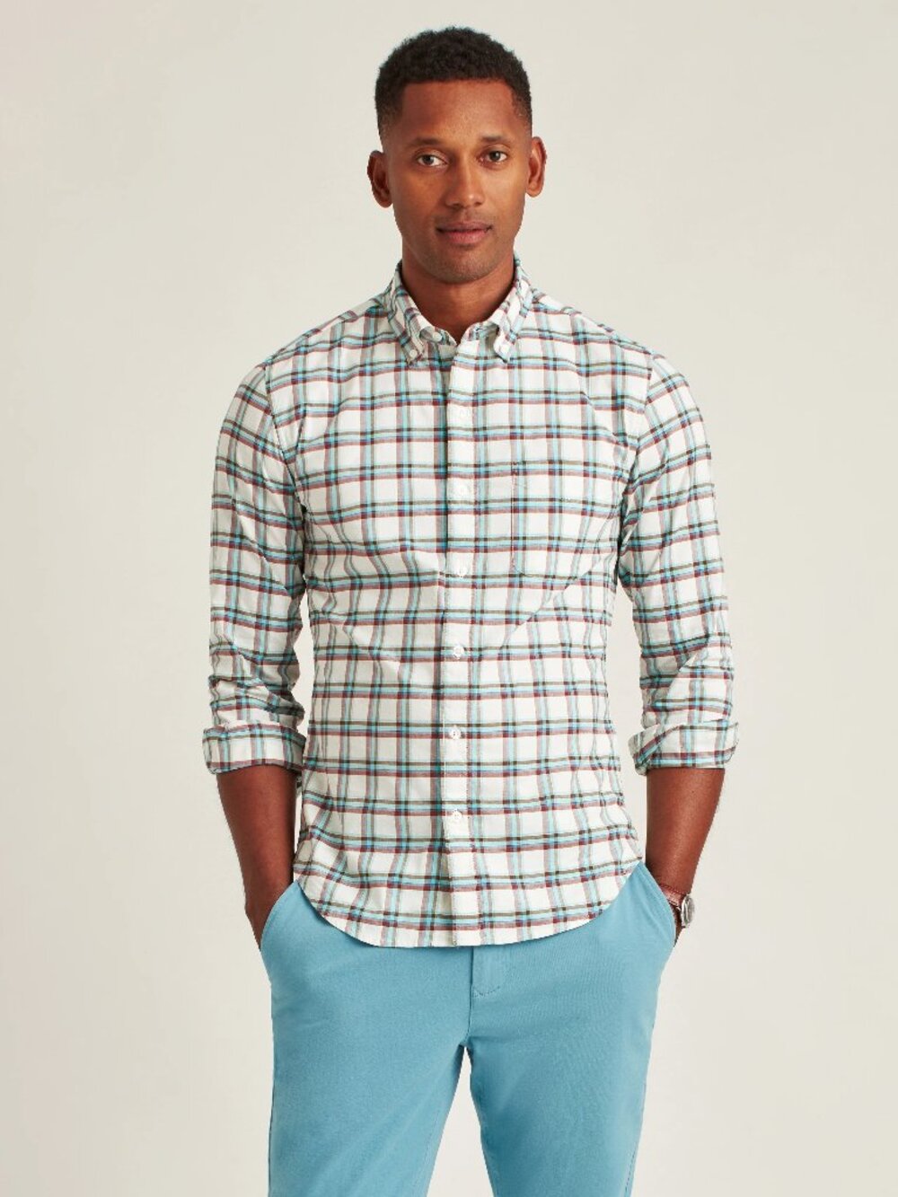Bonobos White Plaid Print Stretch Long Sleeve Shirt/8663